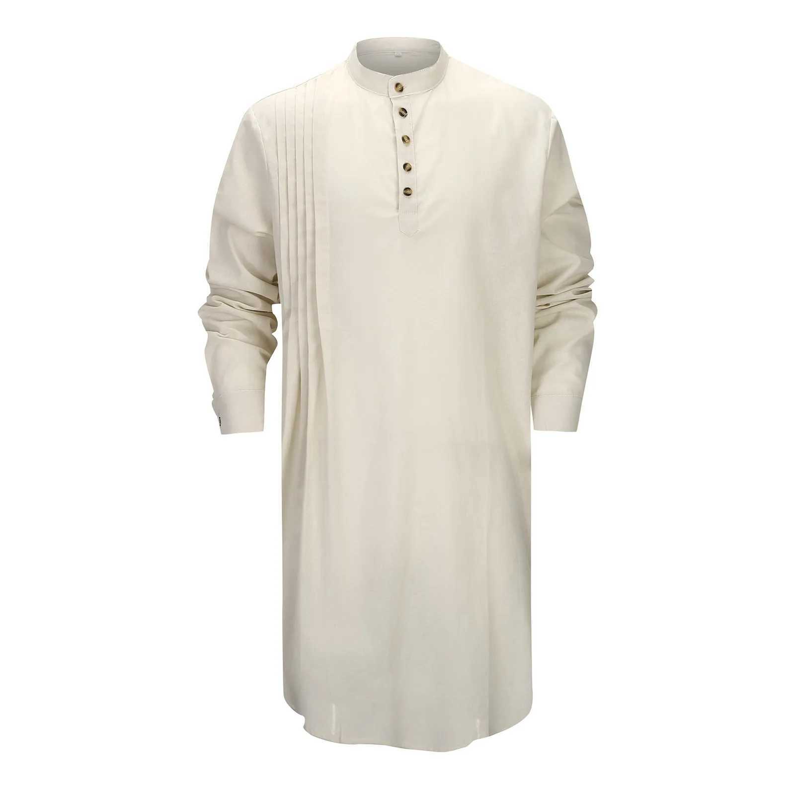 Men Cotton Linen Jubba Thobe Long Sleeve Button Kaftan Long Gown Shirt Casual Musulmane Islamic Arabian Muslim Prayer Robe X250514