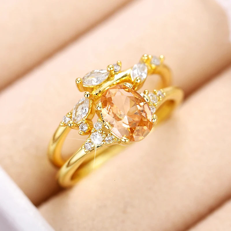 Huitan Champagne CZ 2Pcs Women Rings Aesthetic Wedding Accessories Gold Color Exquisite Leaf Rings Party Fashion Jewelry Sets 250509