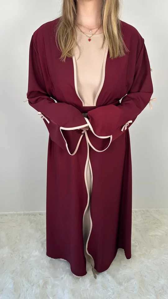 Burgundy Islamic Abaya for Middle East Muslim Ladies Bow Details Contrast Inner Layer Ideal for Ramadan and Daily Wear in Saudi X250514
