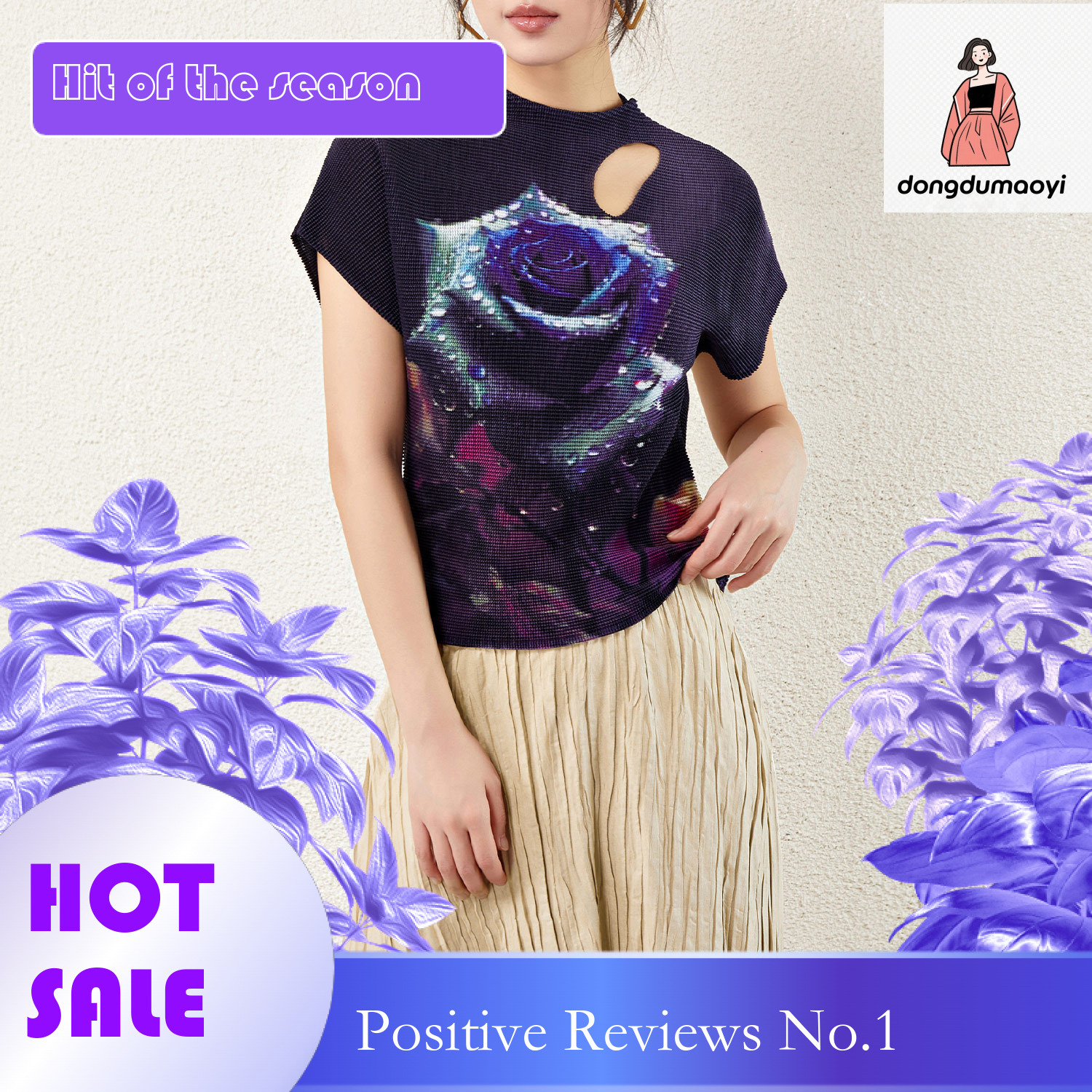 dongdumaoyi Miyake style top 2024 new half neck short sleeved fashionable printed hollow out clothes women's rose T-shirt
