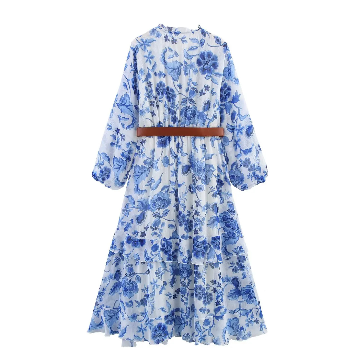 ZBZA Womens Printed Belt Dress with Ruffled Vneck Long Sleeves Aline Midi Skirt Spring and Summer Casual Chic 250514