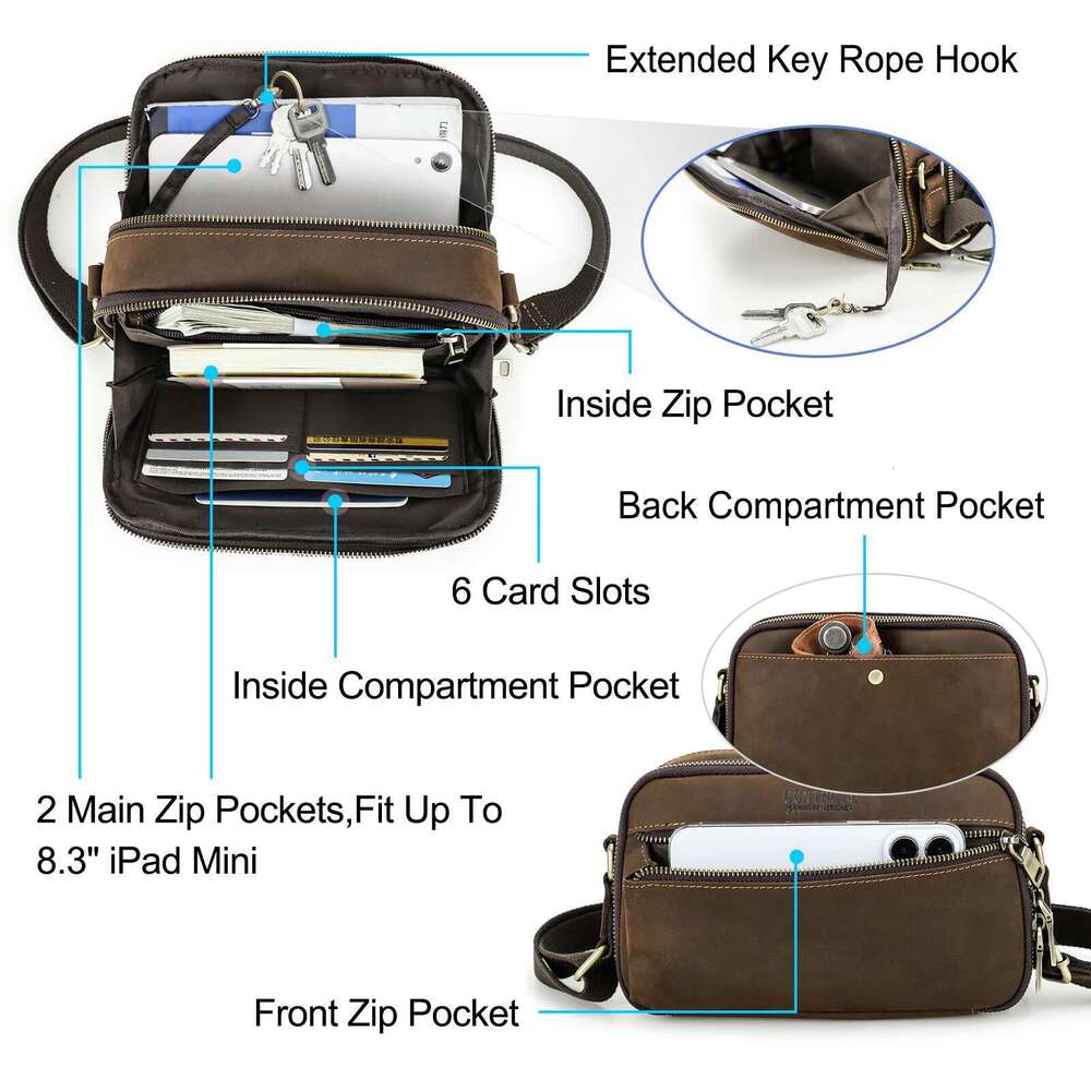 Vintage Crazy Horse Leather Men's Shoulder Small Male Crossbody Travel Retro Design Business Casual Messenger Bag For Man