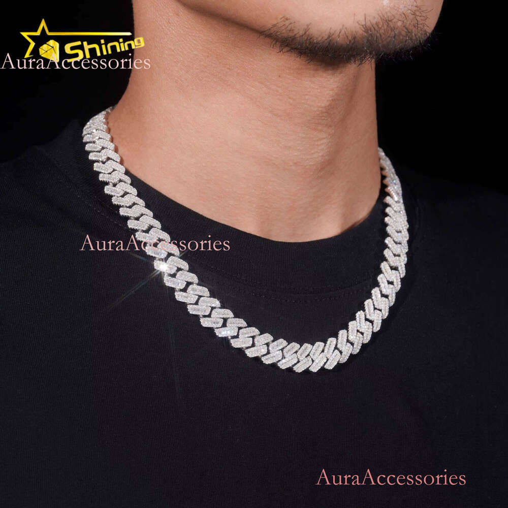 High Quality 12mm Solid Sterling Sier Men Hip Hop Jewelry Iced Out Baguette VVS Moissanite Cuban Link Chain Necklaces