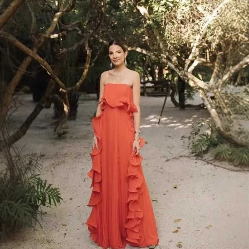 Trendy Women Summer Holiday Dress Orange Pleated Chiffon Long Formal Dresses Custom Made Ruffled Strapless Beach Party DressXJ250514