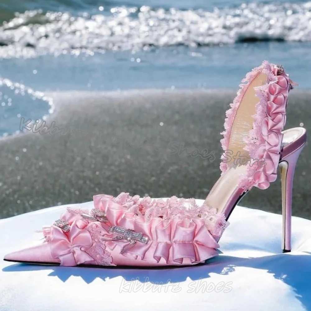Sexy Lace Sandals Crystal Stiletto Heel Butterfly-Knot Wedding Party Women Shoes Fashion Elegant Sweet Luxury Solid Color Newest W250514