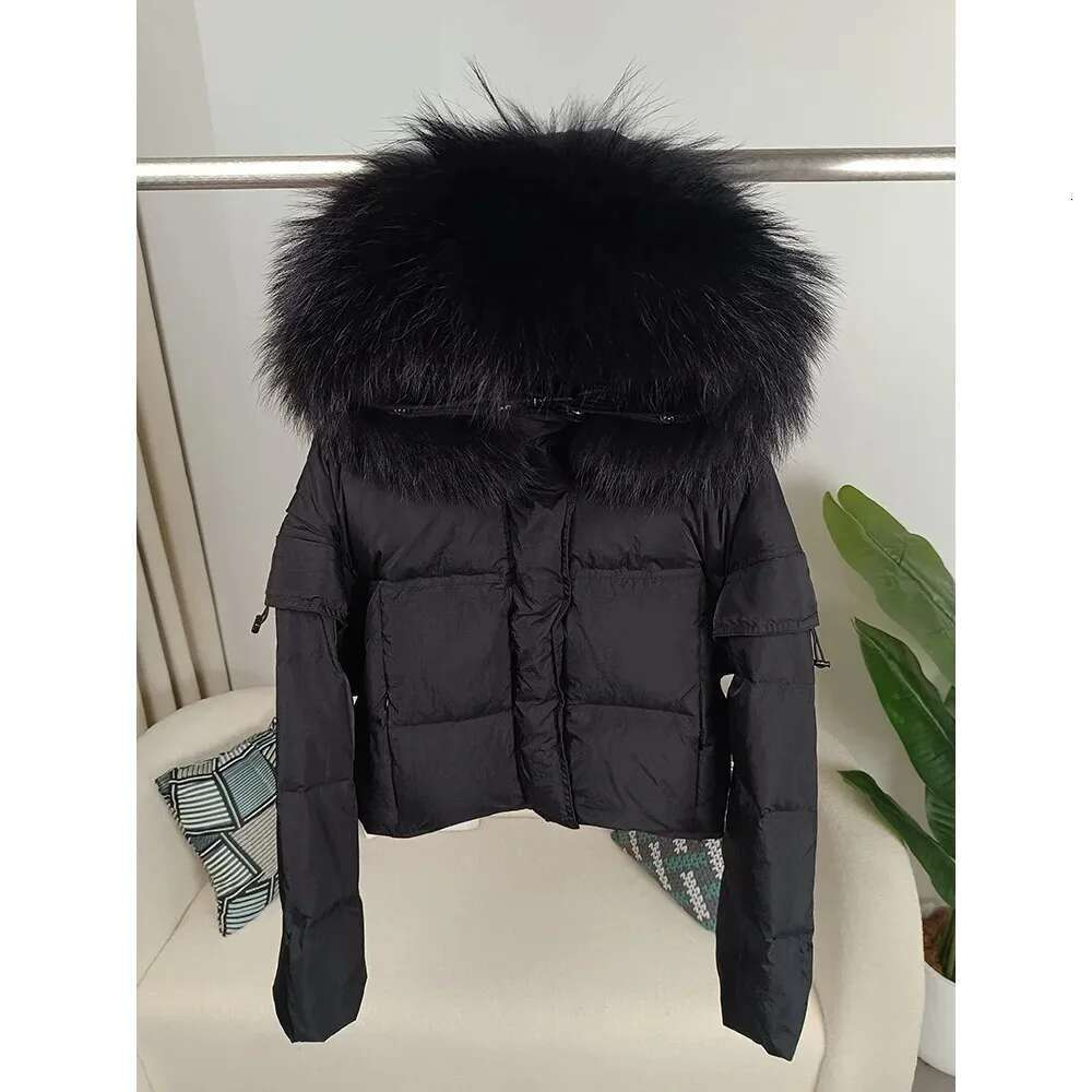 Autumn Winter Women Real Raccoon Fur Collar Hooded Detachable Sleeve Jacket Duck Down Loose Fashionable Streetwear Outerwear
