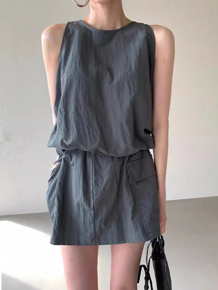 HELIAR Women Solid Color Casual 2 Piece Sets Zipper Sleeveless Vest Shirt Elastic Waist Shorts Skirt Set Office Women Outfits 250513