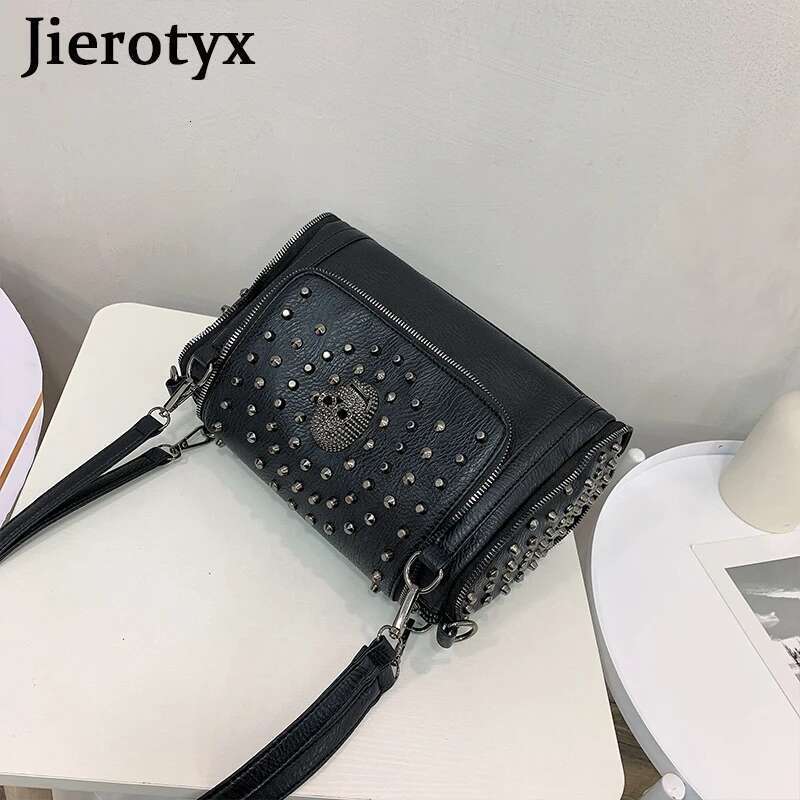JIEROTYX Sexy Rivet Shoulder Female Designer Punk Skull Gothic Style Womens Handbags Large Capacity Messenger Bags