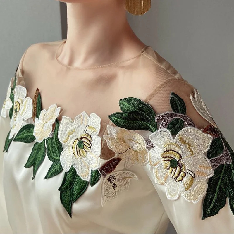 Elegant Mesh Patchwork Satin Blouse ed Shirt Oneck Tops Spring Long Lantern Sleeve Womens Clothes 24976 250514