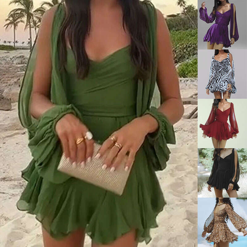 Wedding Guest Dress for Women Festival Promdress White Dress Womens Sexy Spicy Girl Hollow Lantern Sleeves V-neck Off Shoulder Dress for Women