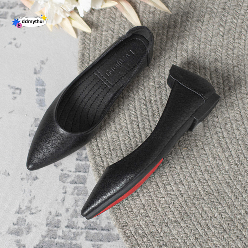 Soft black work, standing a long time without getting tired, work clothes, pointed single for women, flat bottomed versatile soft soled leather shoes 