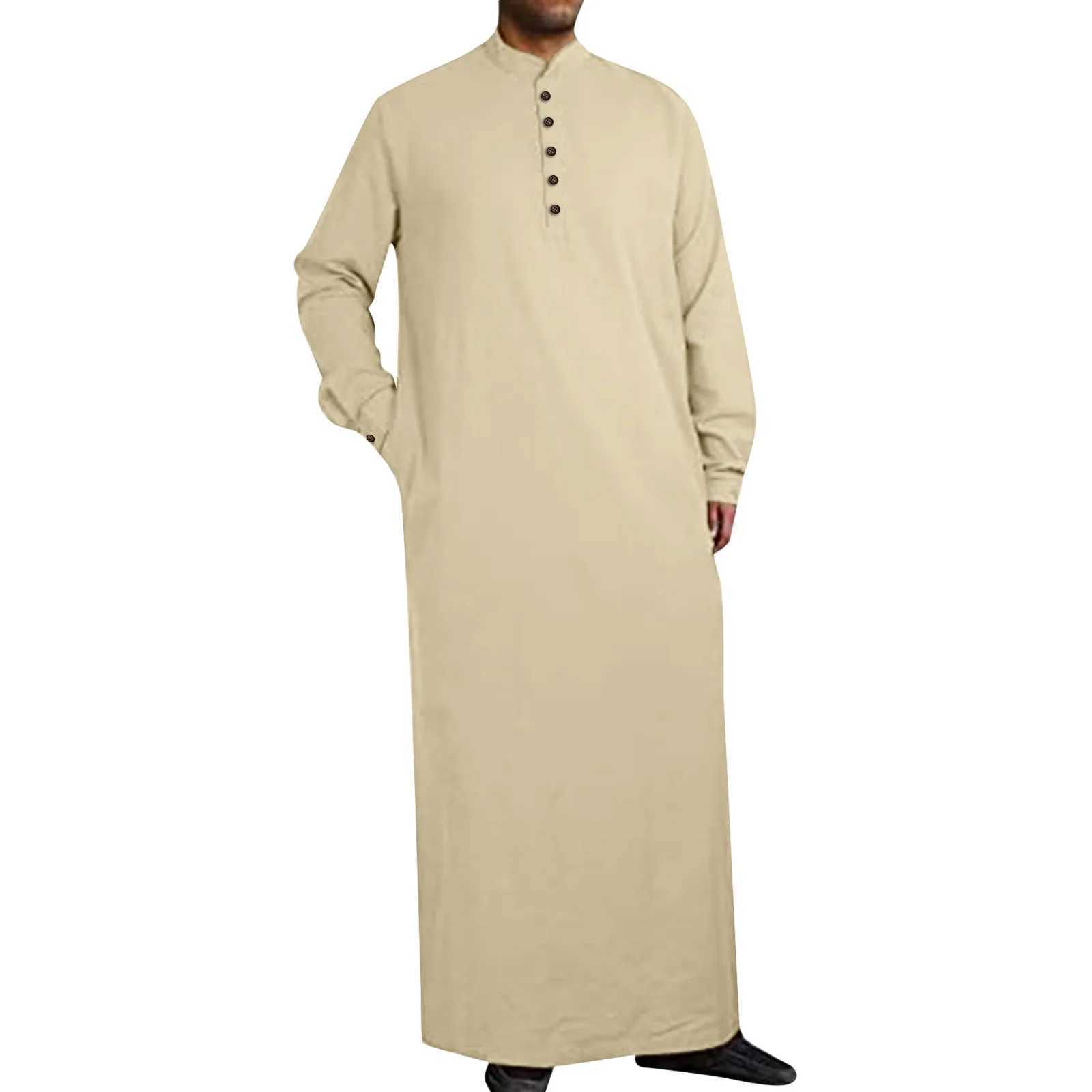 Men Button Islamic Muslim Robe Middle East Arabic Long Sleeve Jubba Thobe Side Slit Button Long Robes Pakistani Dubai Kaftan X250514
