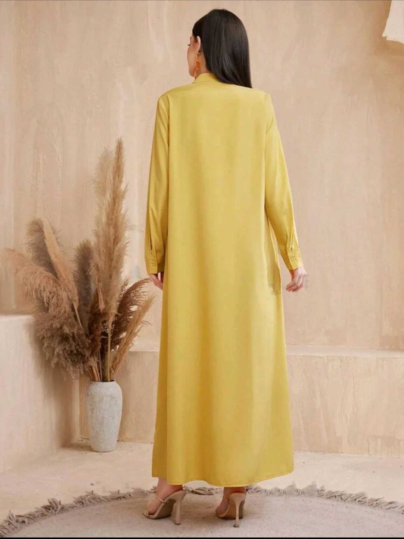 Spring Autumn Muslim Long Dresses Women Single-breasted Yellow Dress Abayas Clothing For Women Hijab Dress X250514