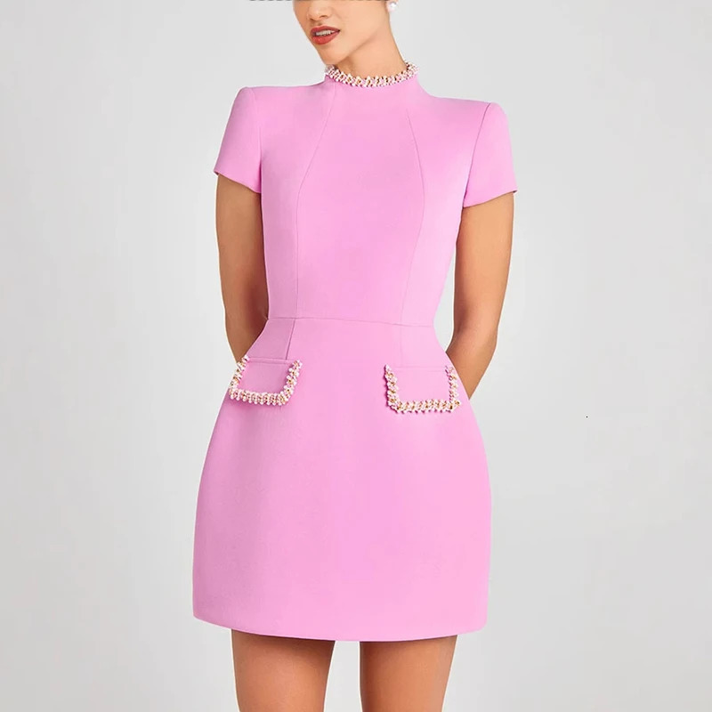 Tornova Elegant Beaded Short Sleeve Dress Female High Waisy Solid Splice Mini Commuting Party Outfits Bodycon Chic 250514