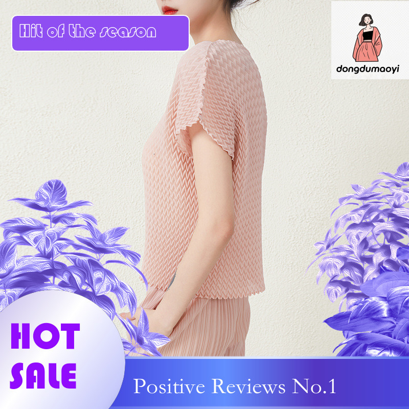 dongdumaoyi Miyake women's pleated top 2024 summer bubble sleeves versatile round neck fashionable casual slimming temperament T-shirt