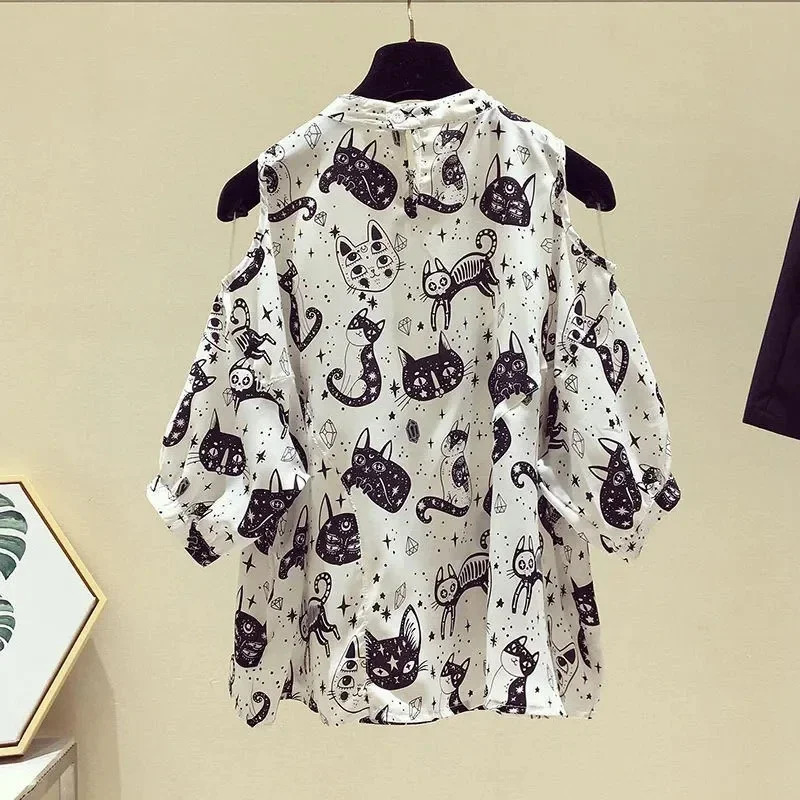 Cat Cartoon Print Chiffon Vintage ONeck Short Sleeve Loose Womens Blouse Shirt Korean Fashion Female Clothing Tops Summer 250514
