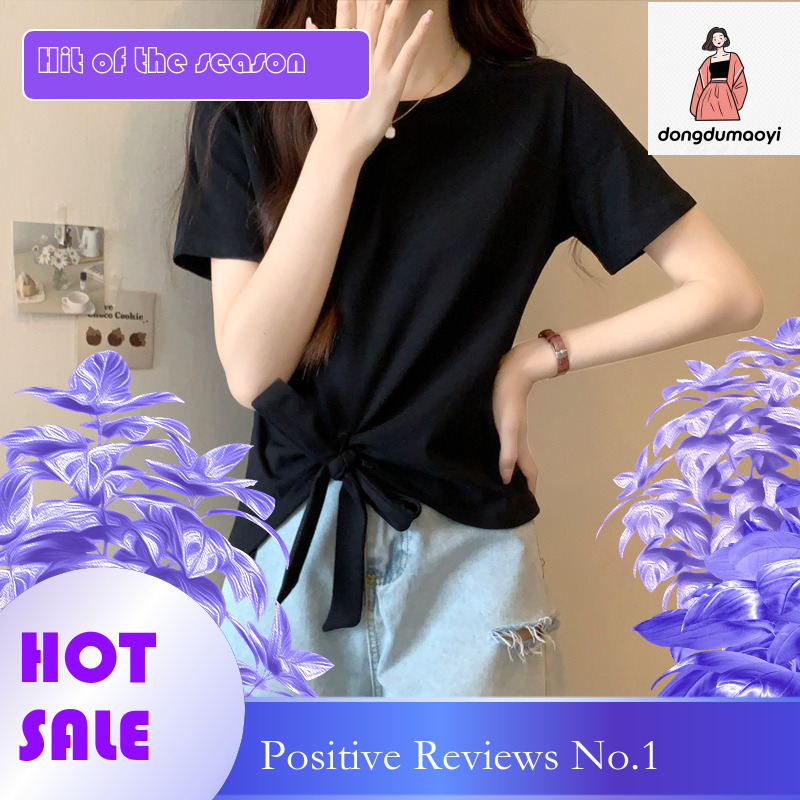 dongdumaoyi 2025 Summer New Short sleeved T-shirt Round Neck Solid Color Irregular Lace Slim Fit Versatile Unique Women's Top