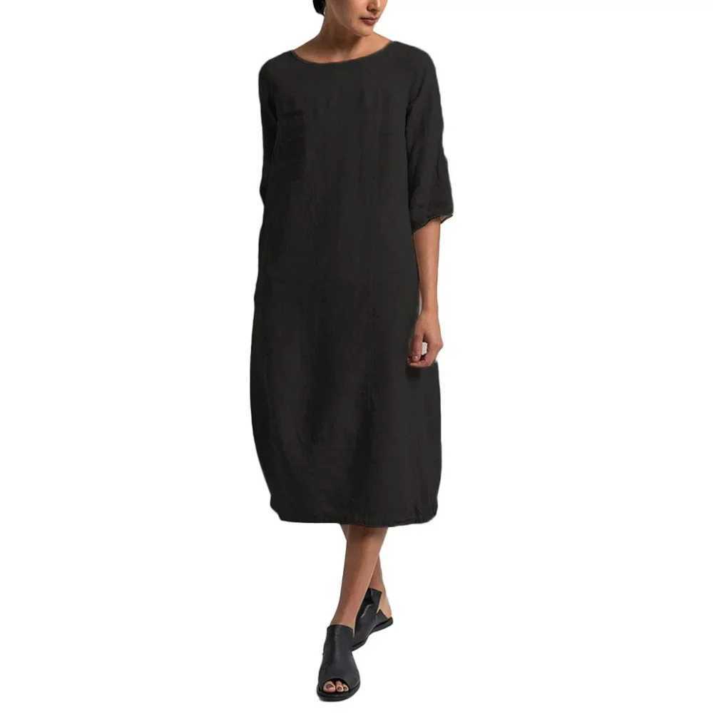 2025 Spring Oversize Cotton Womens Long Dress Casual O-neck Black Loose Dresses Female Spring Vintage Fashion Clothes LadiesXJ250514