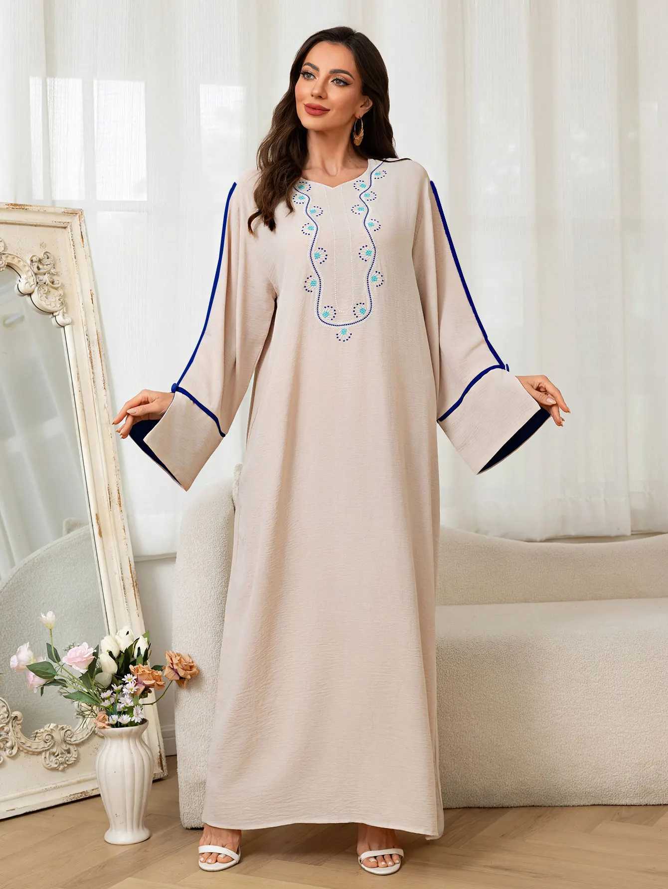 New Islamic Muslim Womens Beige Abaya with Blue Embroidered Neckline and trimmed Long Slves for Ramadan Middle East Religious X250514