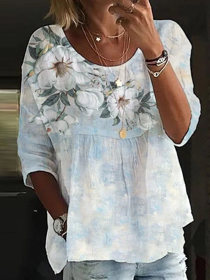 Fashion Loose Shirt Woman Elegant RoundNeck Printed Casual Holiday Weekend Top 250514