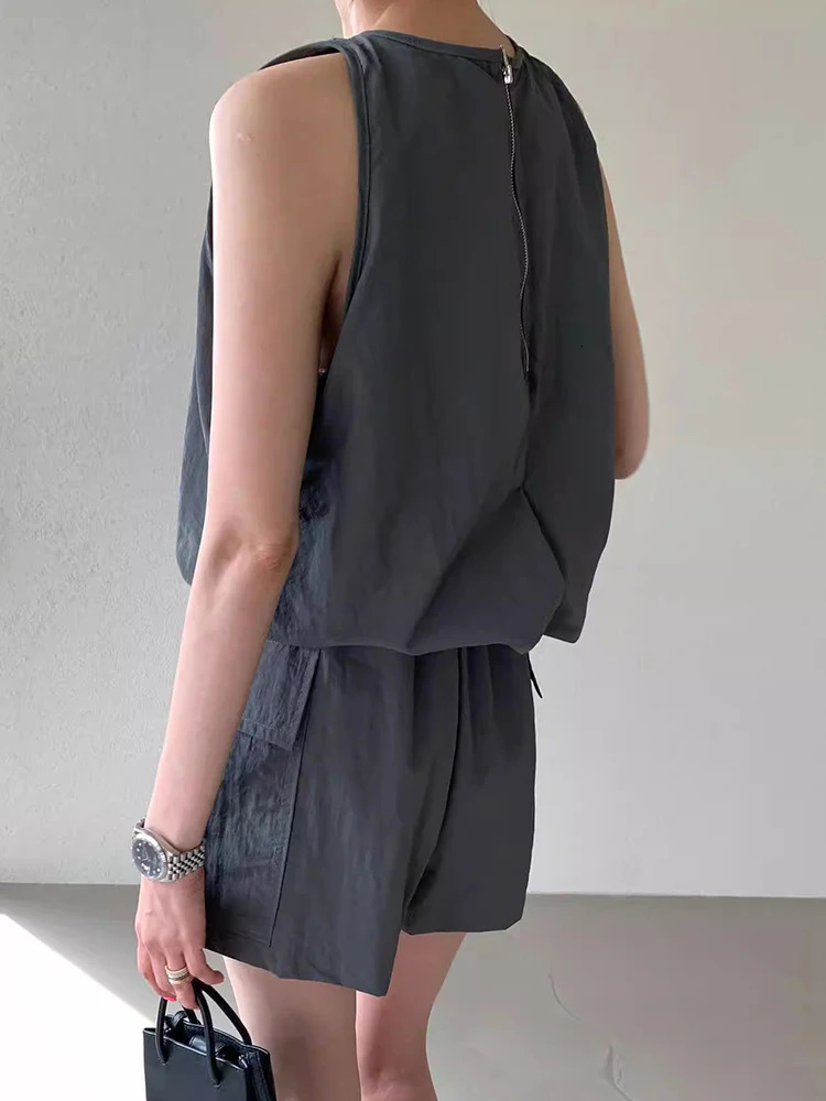 HELIAR Women Solid Color Casual 2 Piece Sets Zipper Sleeveless Vest Shirt Elastic Waist Shorts Skirt Set Office Women Outfits 250513