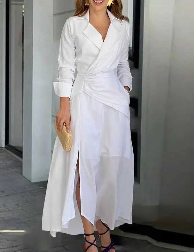 Womens Dresses 2023 Spring Fashion Ruched Slit Asymmetric Casual Notched Collar Plain Long Sleeve Semi-Sheer Maxi Daily DressXJ250514