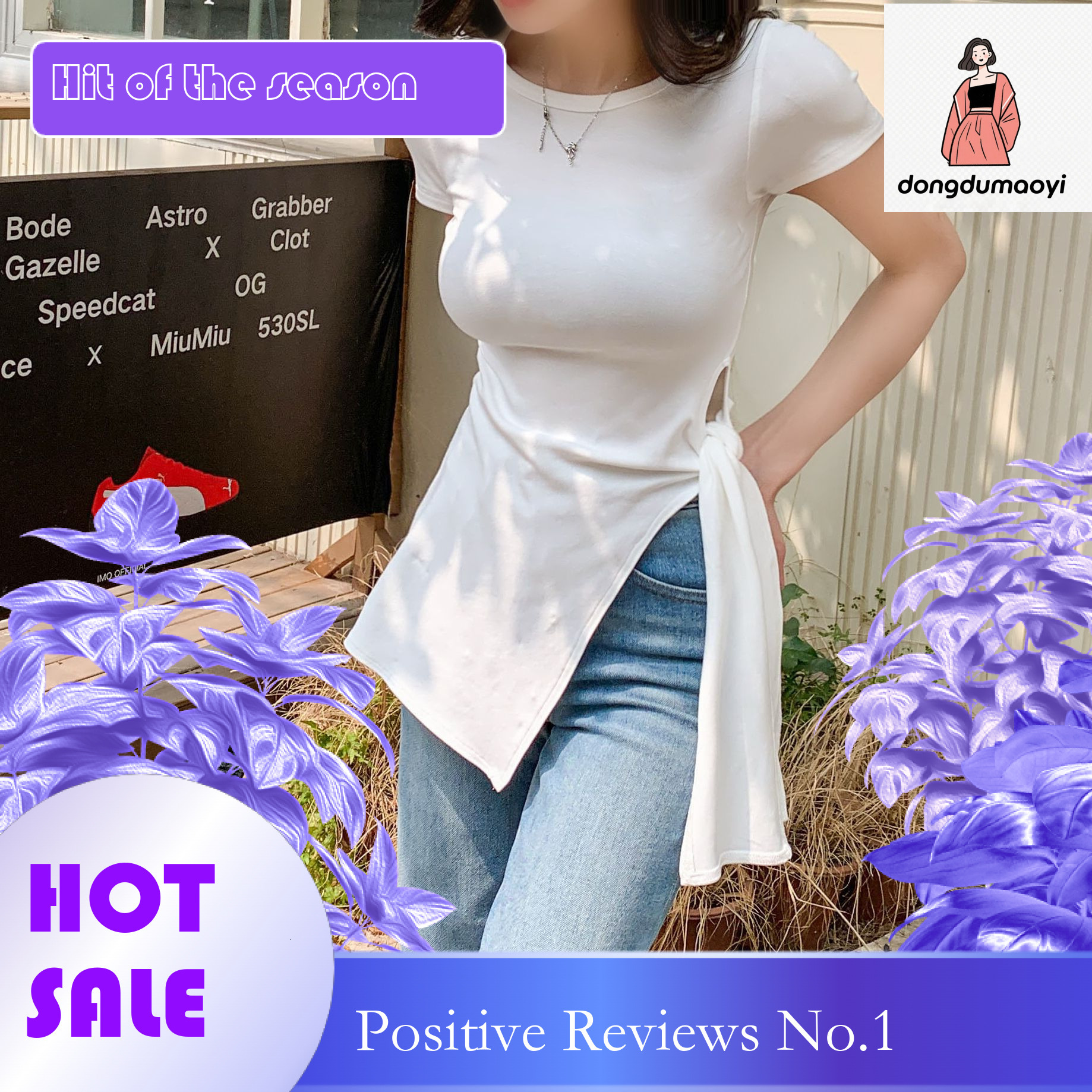 dongdumaoyi Cotton irregular slit strap shoulder short sleeved T-shirt for women in summer 2025, with a mid length design sense