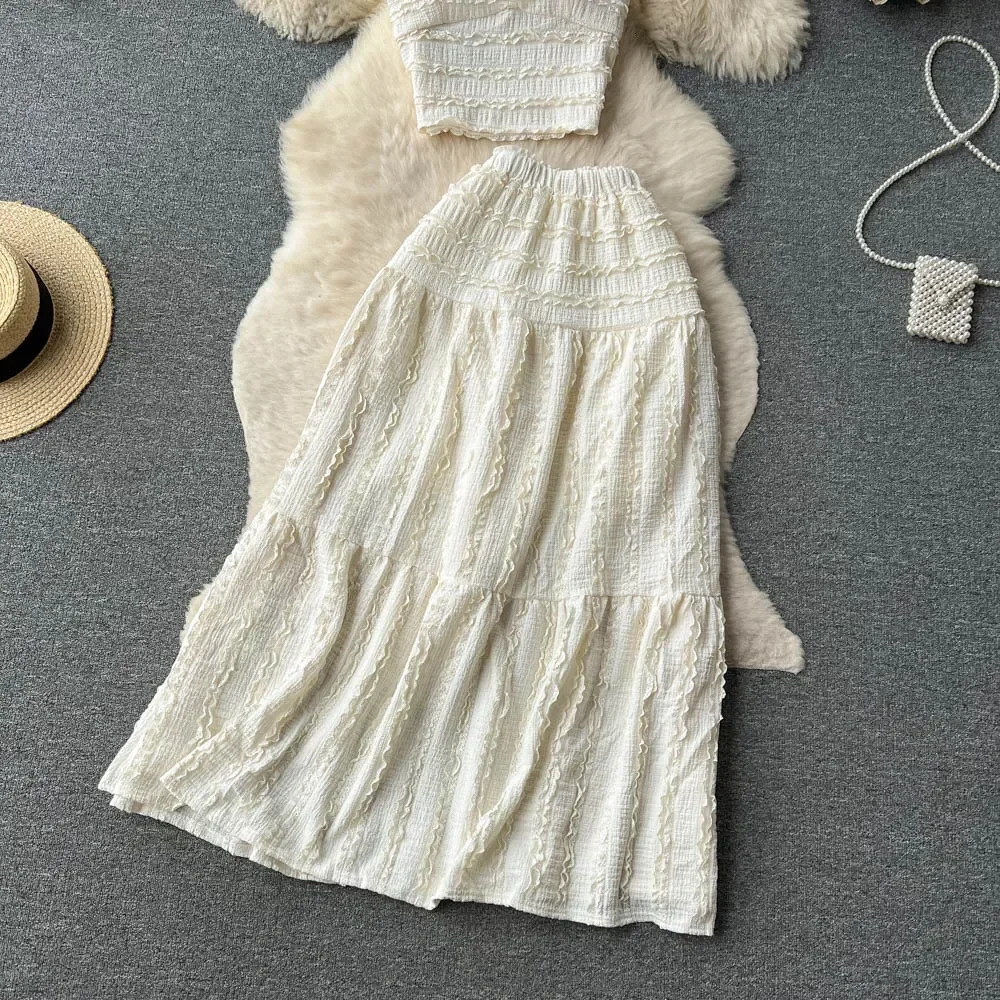 HELIAR Woman Summer Lace Patchwork Beach Two Pieces Sets Women Sexy CamisoleA Line Long Skirt Fashion Elastic Bohemian Suits 250514