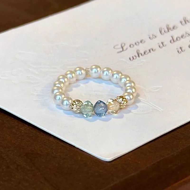 PANJBJ 925 Sterling Silve Multicolour Bead Ring for Women Pearl Elastic Sweet Romantic Design Jewelry Gift DropshippingXJ250514