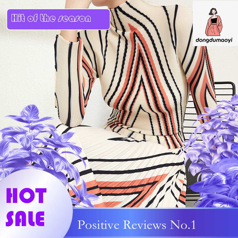 dongdumaoyi Miyake women's high-end striped geometric printed T-shirt fashionable high waisted pleated skirt two-piece set