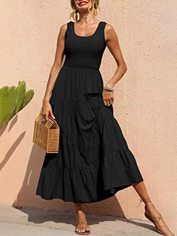 Dresses For Women 2024 Summer Sexy Elegant Sleeveless Floral Solid Color Long Dress Fashion Elastic Waist Beach Party Big SwingXJ250514
