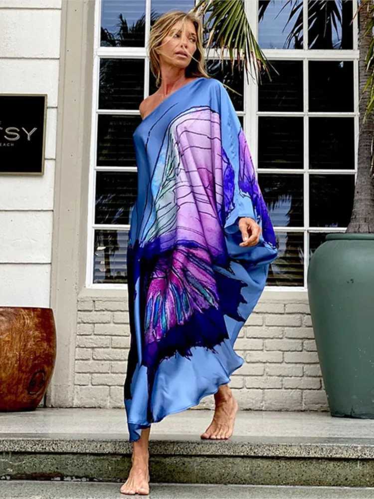 Color Butterfly Print One Shoulder Sleeve Dresses Women Sexy Off Shoulder Loose Beach Vacation Irregular Long Dress StreetwearXJ250514