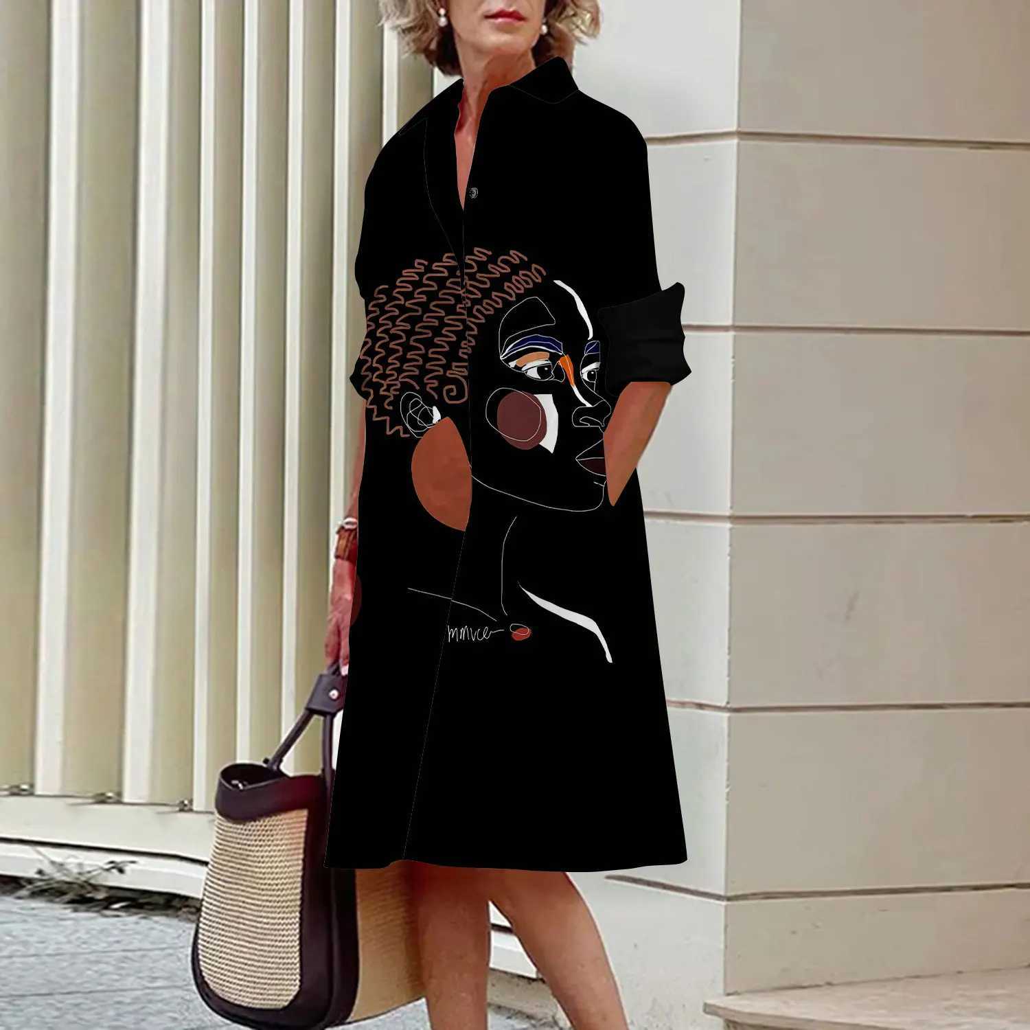 Summer New Womens Dresses Fashion Character Art Pattern Loose Large Size Casual Temperament Commuter Irregular Long Skirt TopsXJ250514