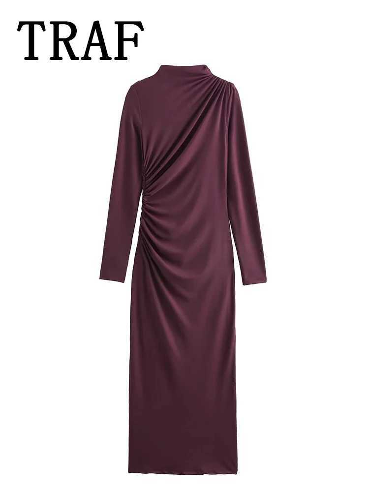 Ruched Long Dresses for Women 2025 Autumn Fashion Stand Collar Long Sleeve Midi Dress Woman Evening Party DressesXJ250514