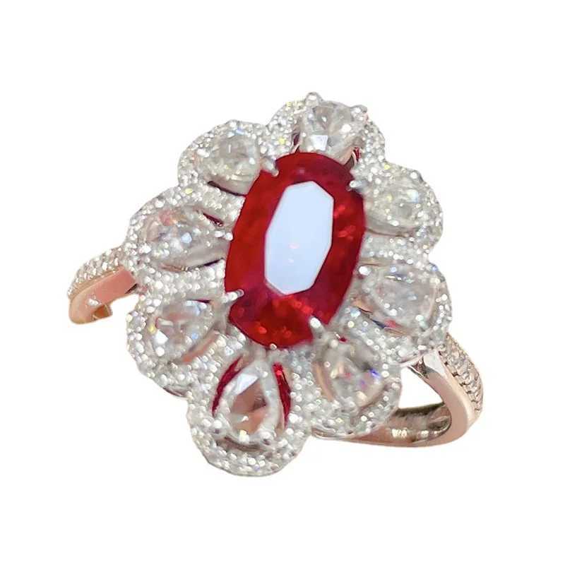 Luxury Red Oval Gemstone Ring Fashion 925 Sterling Silver White Drops Full of Diamond Zircon High-end Banquet Party JewelryXJ250514