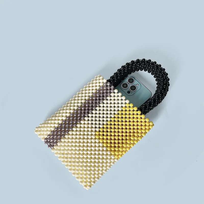 New Color Blocked Handbag Handmade Bead Woven Finished Product Simple And Niche Retro Hand-Held Small Square Bag