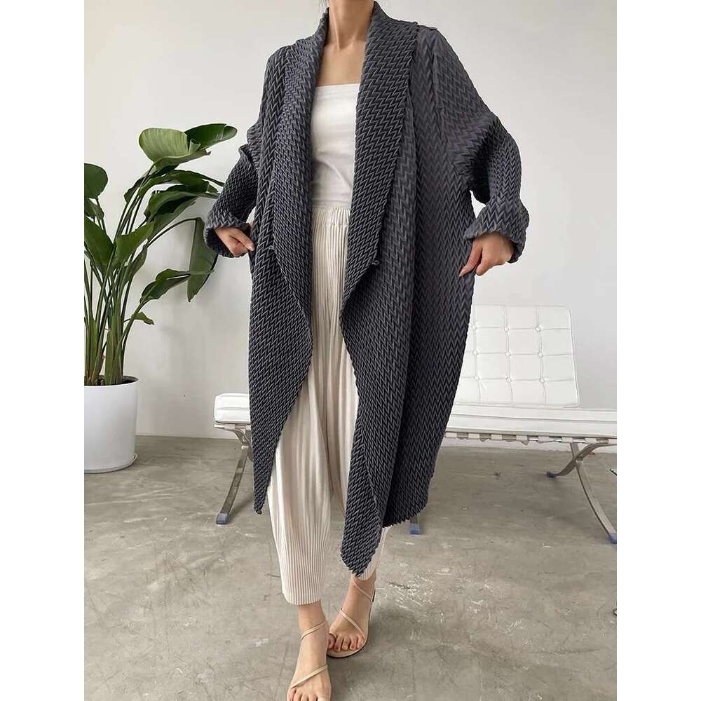 Fold Miyake These Spring New Small Stroke All-matching Temperament Sleeve Solid Color Medium Long Trench Coat