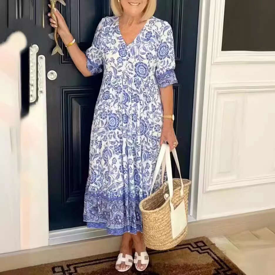 Women Clothes Dress New Large Super Fairy V Neck Fragmented Flower Dress For Beach Vacation Loose And Versatile Long Skirt KQ