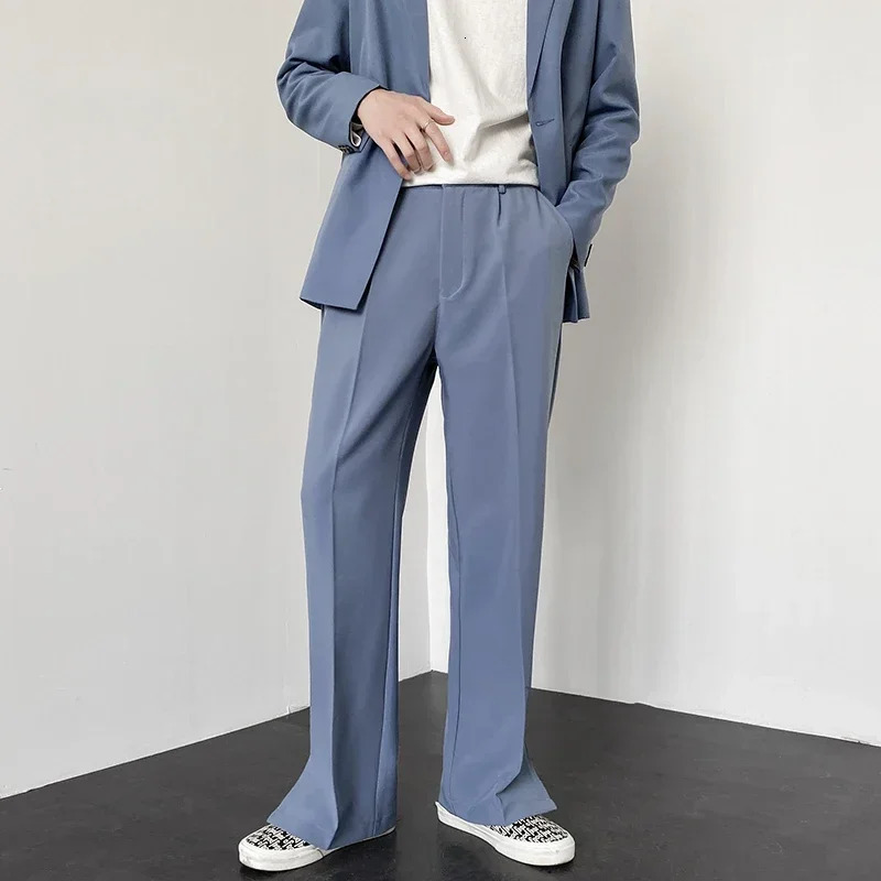 Mens Straight Baggy Casual Pants Korean Slit Personality Suit Trousers Fashion Formal Business Male Streetwear Gray Khaki Black 250513