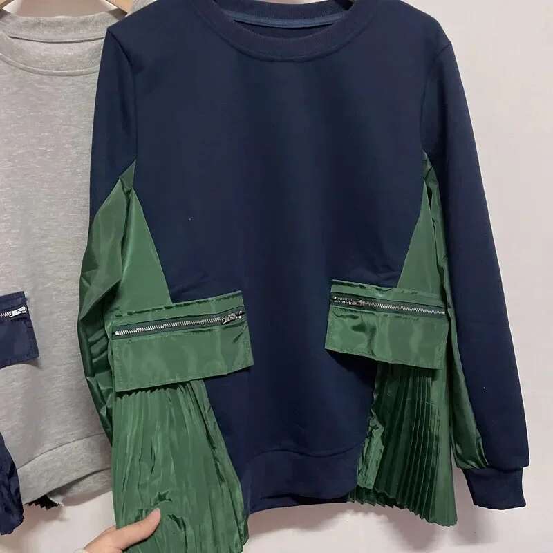 Contrast Pleated Ropa Mujer Zipper Pocket Patchwork Hoodies Women Long Sleeve O Neck Sweatshirts Fall Womens Clothing Hoodie Designer