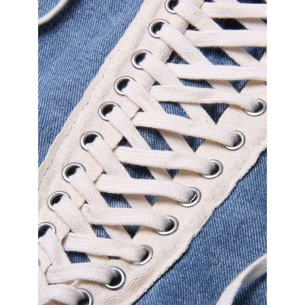 TWOTWINSTYLE Patchwork Ribbons Denim Shorts For Women High Waist Hollow Out Casual Streetwear Short Trousers Female Fashion 2022