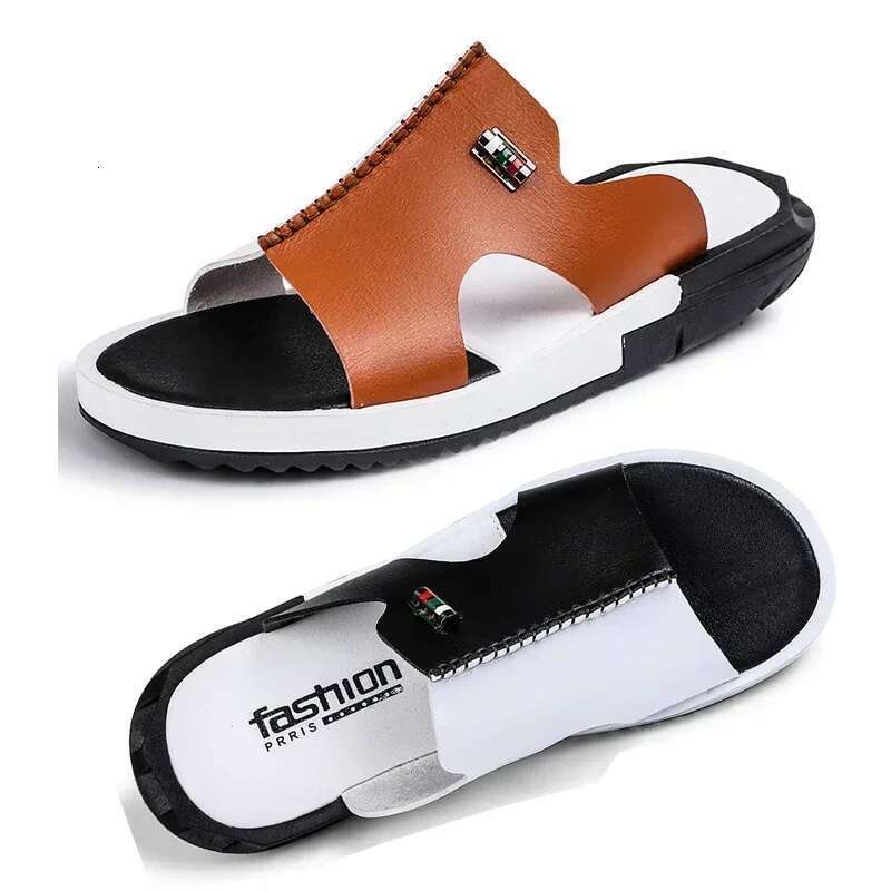 Men's Summer New Non-slip Wear-resistant Beach Shoes Leather Casual Sandals Slippers Slides Men
