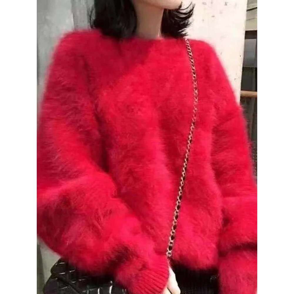 Autumn Winter Mink Fleece Sweater Women's Knitted Pullovers Thick Loose Casual Outerwear Solid O Neck Oversize Jumpers Women