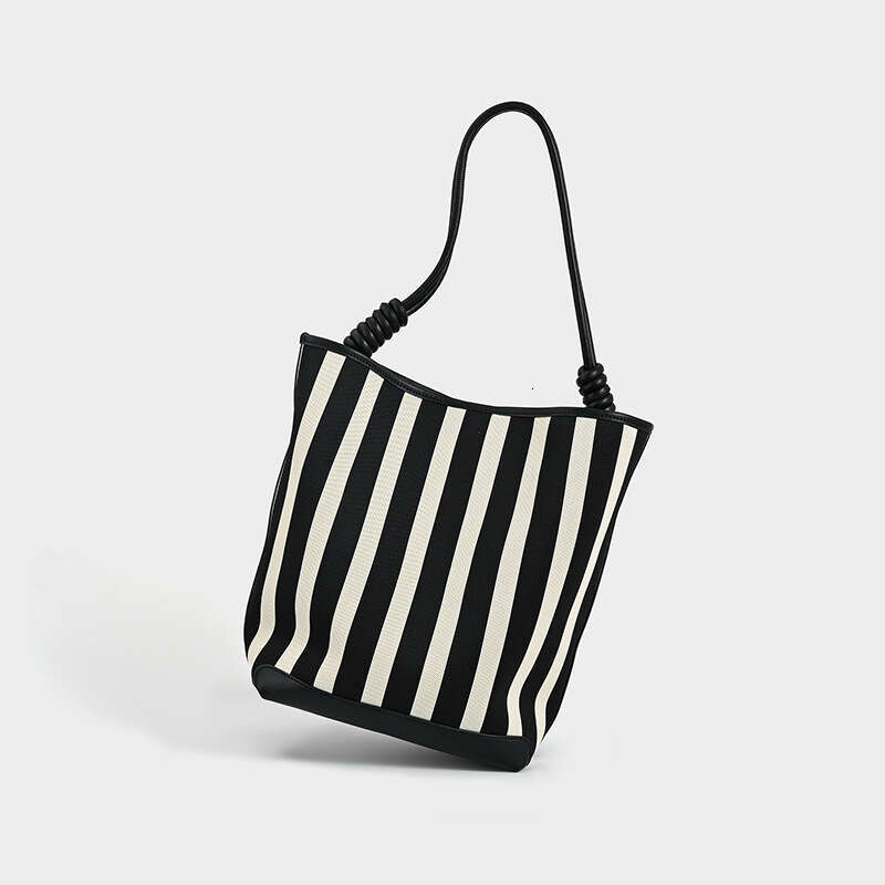 Women's Bags Designer Black And White Striped High-End Water Bucket Large Capacity Elastic Woven Fabric Mother Bag, New Commuting Hand-Held Shoul
