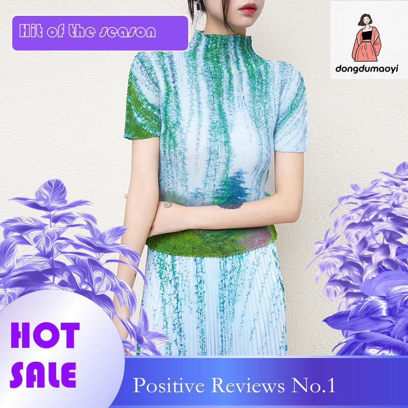 dongdumaoyi Wrinkle Fashion Top Short Sleeve Chiffon Landscape Printed Design Age Reducing T-shirt Half Skirt Two Piece Set for Women