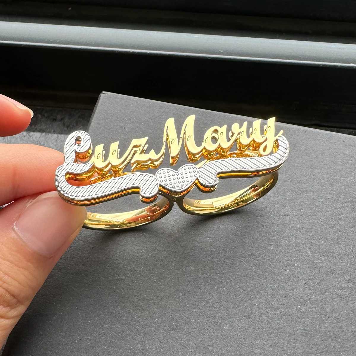 Custom Name Ring Stainl Steel Double Finger Ring Personalized 3D Double Layer Nameplate Womens Ring Jewelry Anniversary GiftXJ250514
