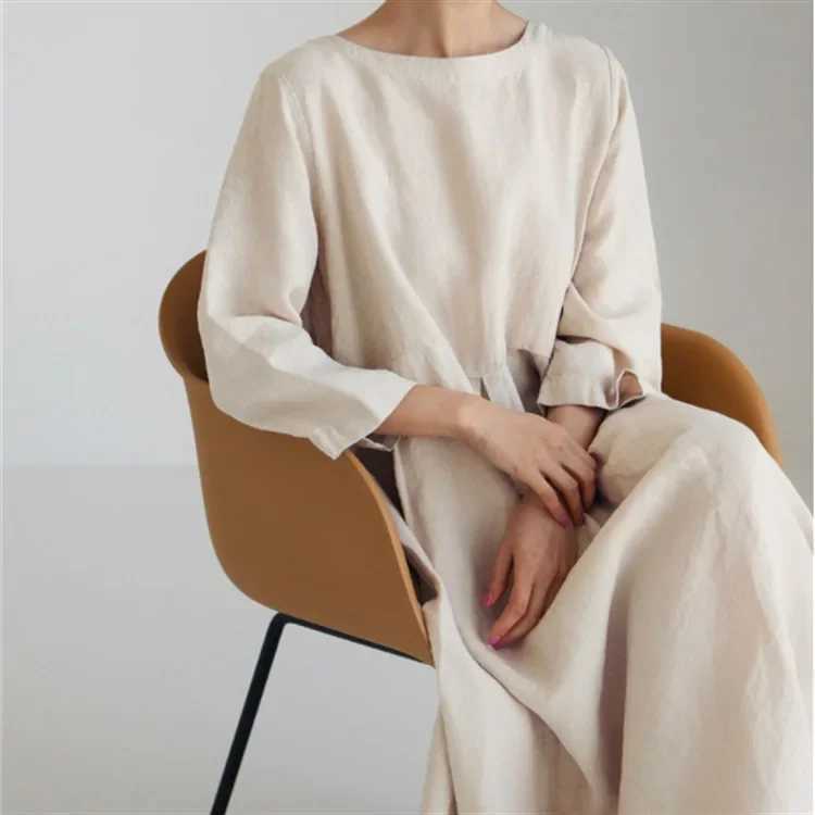 2024 Plus Size Loose Fit Cotton Linen Dress Pullover Round Neck Long Dress Elegant Preppy Style Base Layer Top TrendyXJ250514