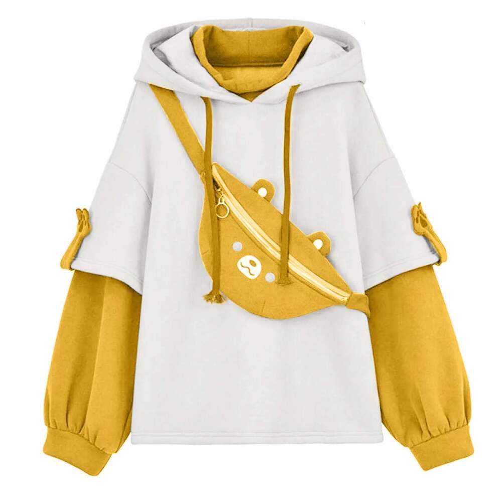 Kawaii Cute Oversize Hoodie With Bear Bag Womens Autumn Patchwork Sweatshirts Pullovers Japanese Streetwear Aesthetic Hoodies Designer