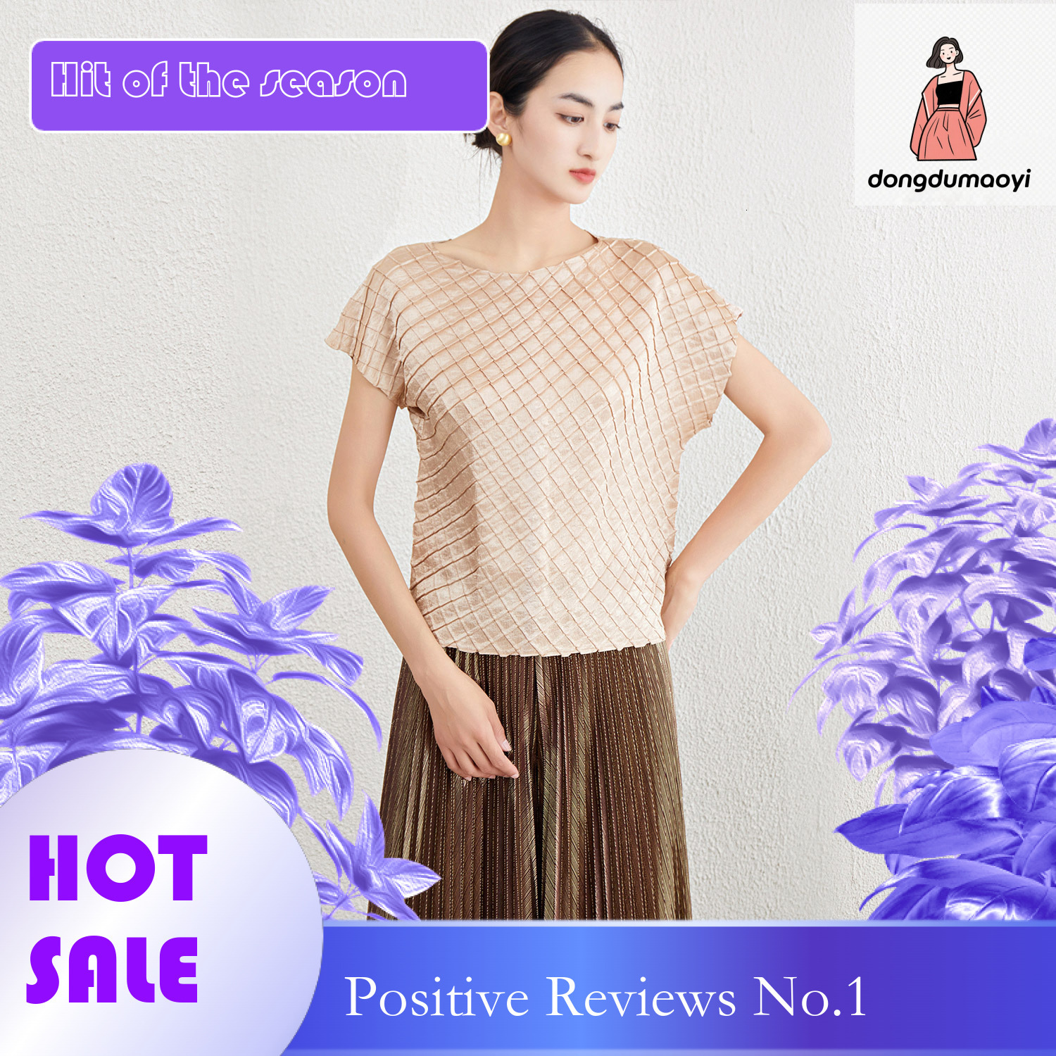 dongdumaoyi French fashion temperament T-shirt for women 2024 Miyake new design sense niche plus size fat mm slimming pleated top