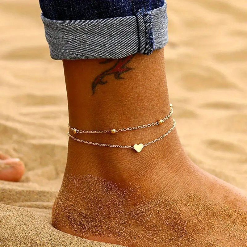 Hot selling round bead simple love women's double-layer peach heart chain, beach foot decoration